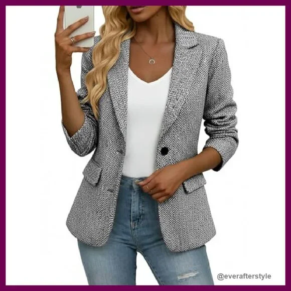 Herringbone Tweed Blazer Slim Fit Notched Lapel Office Work Jacket Classic - Picture 2 of 7